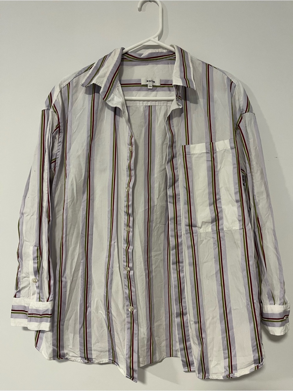 KOTN White Button-Down Shirt with Green, Red and Gold Stripes